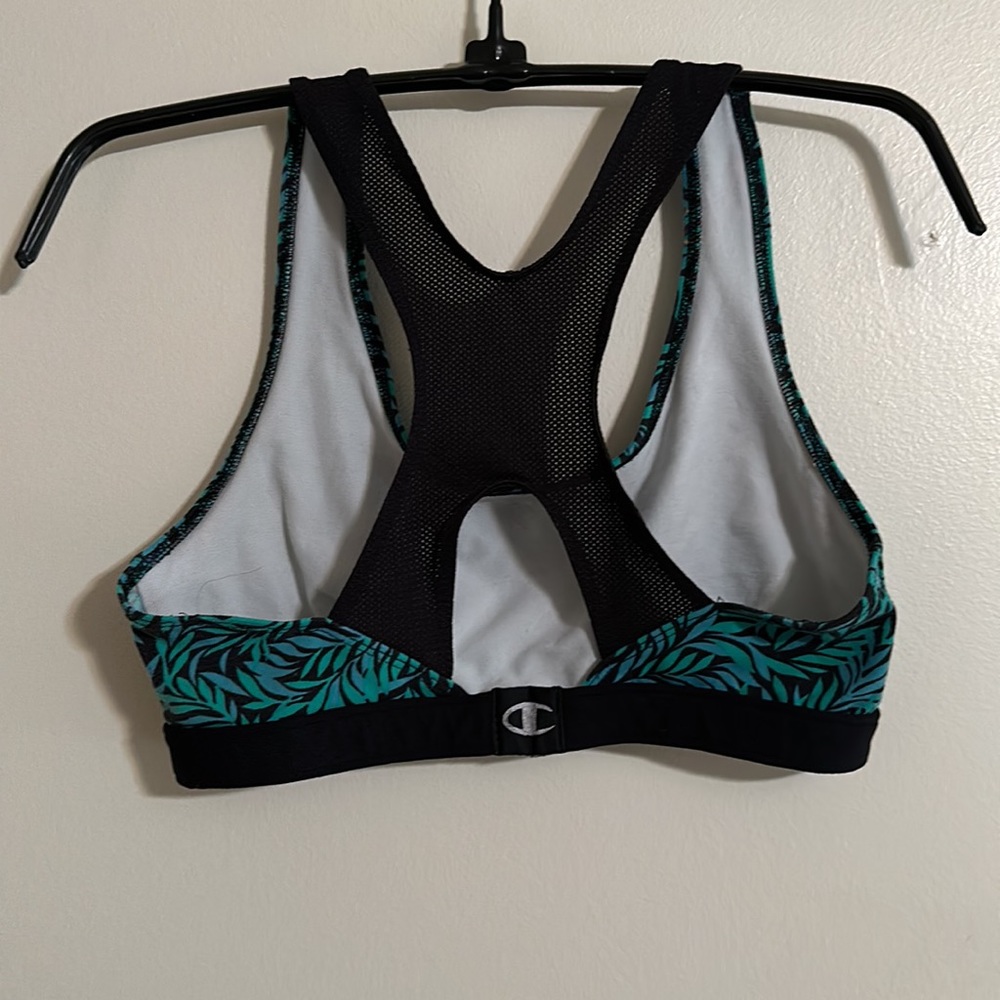 Champion Green Print/Black Background W/ Black Trim Sports Bra Mesh Straps Sz M - Picture 2 of 4